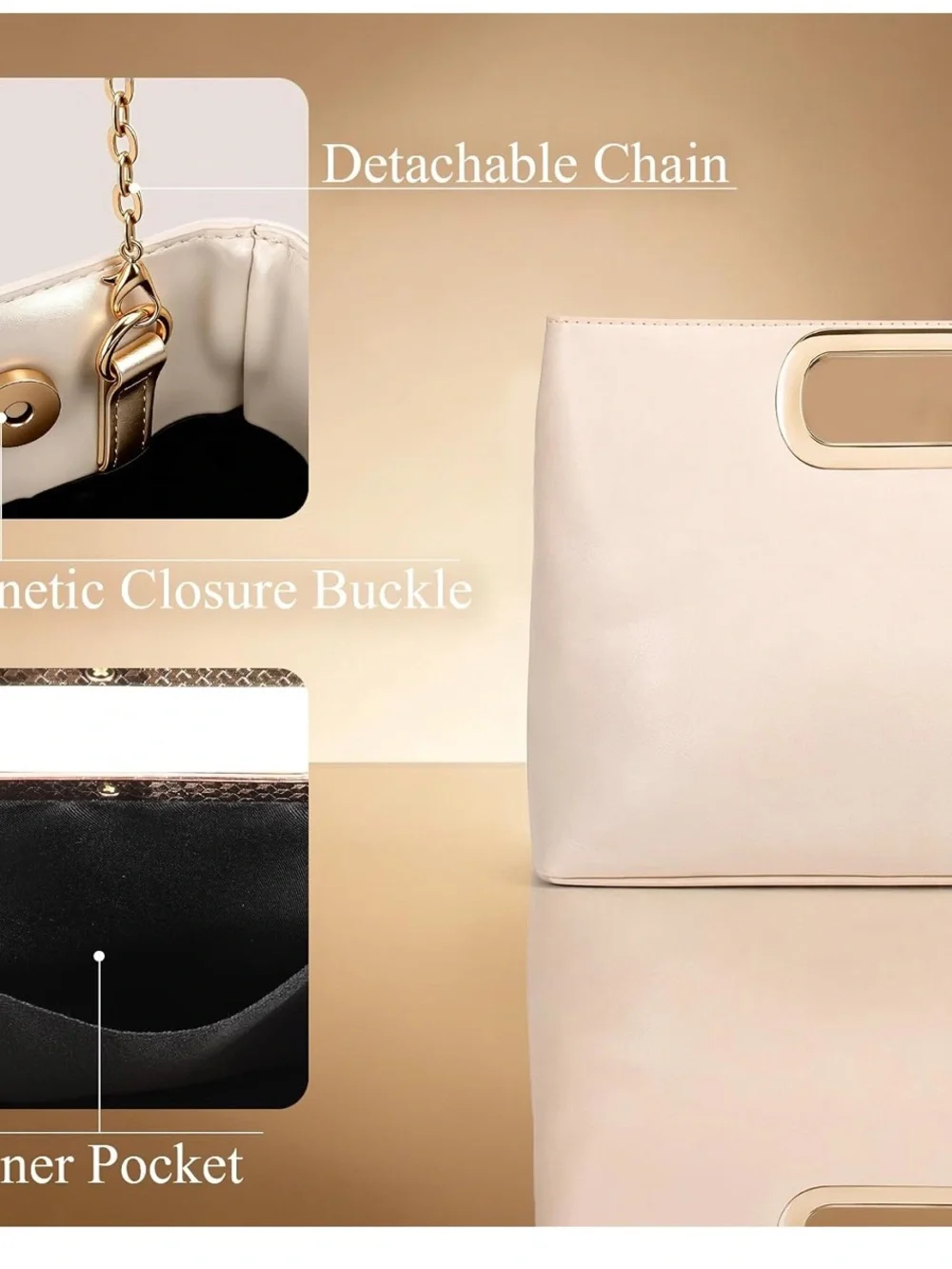 Cream Leather Clutch with Gold Oval Handle